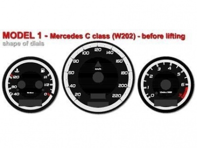 Mercedes W202 C class (93-95) светящиеся шкалы приборов - накладки на циферблаты панели приборов, дизайн № 2